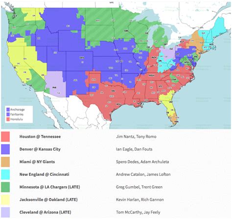 506 Sports. CBS has four early games and only one late one. Broncos-Texans is the biggest game for coverage. It can be seen in the pink areas. Cardinals-Steelers will air in the blue areas. Colts ...
